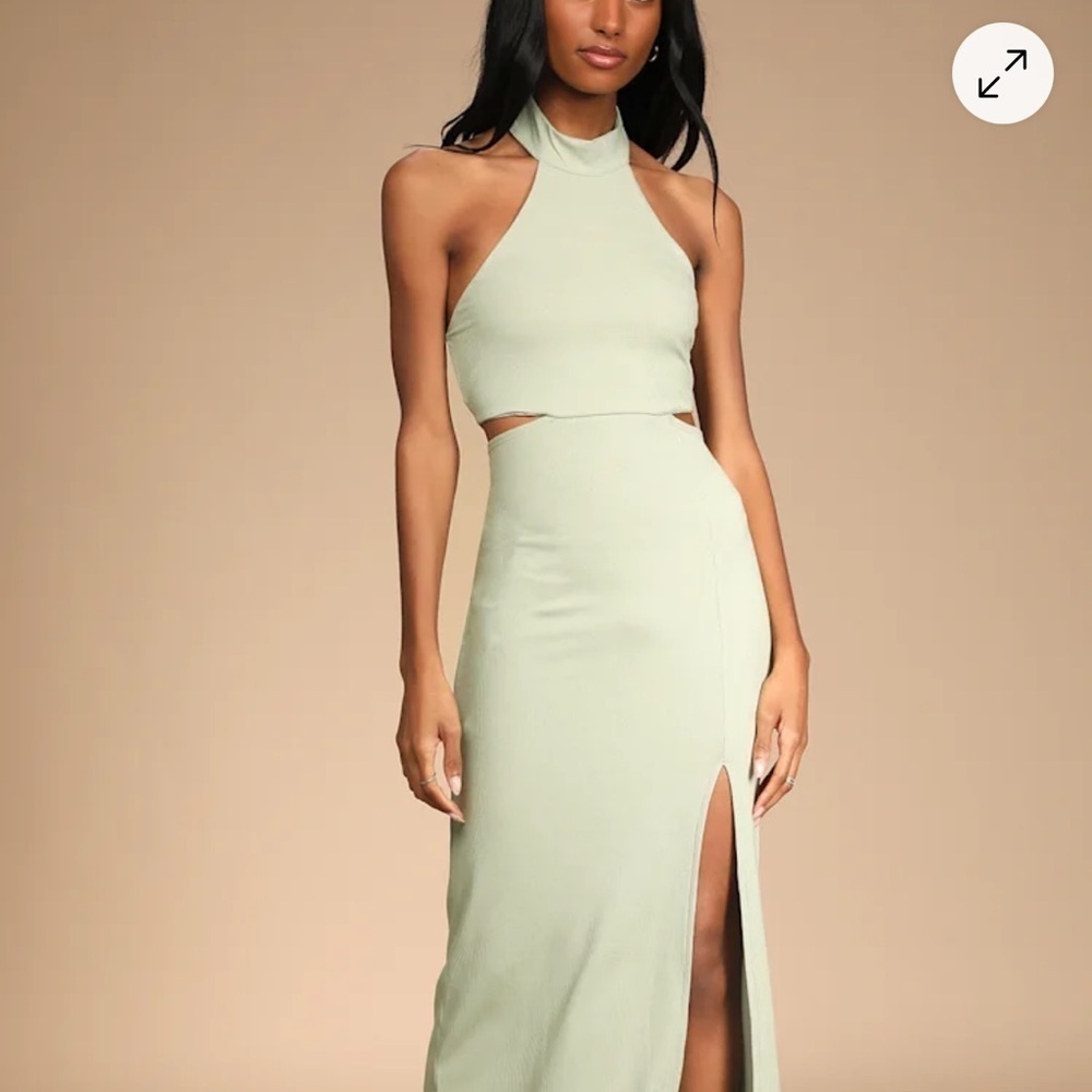 Lulus Modern Mode Sage Green Ribbed Cutout Halter Midi Dress Size NWT XL